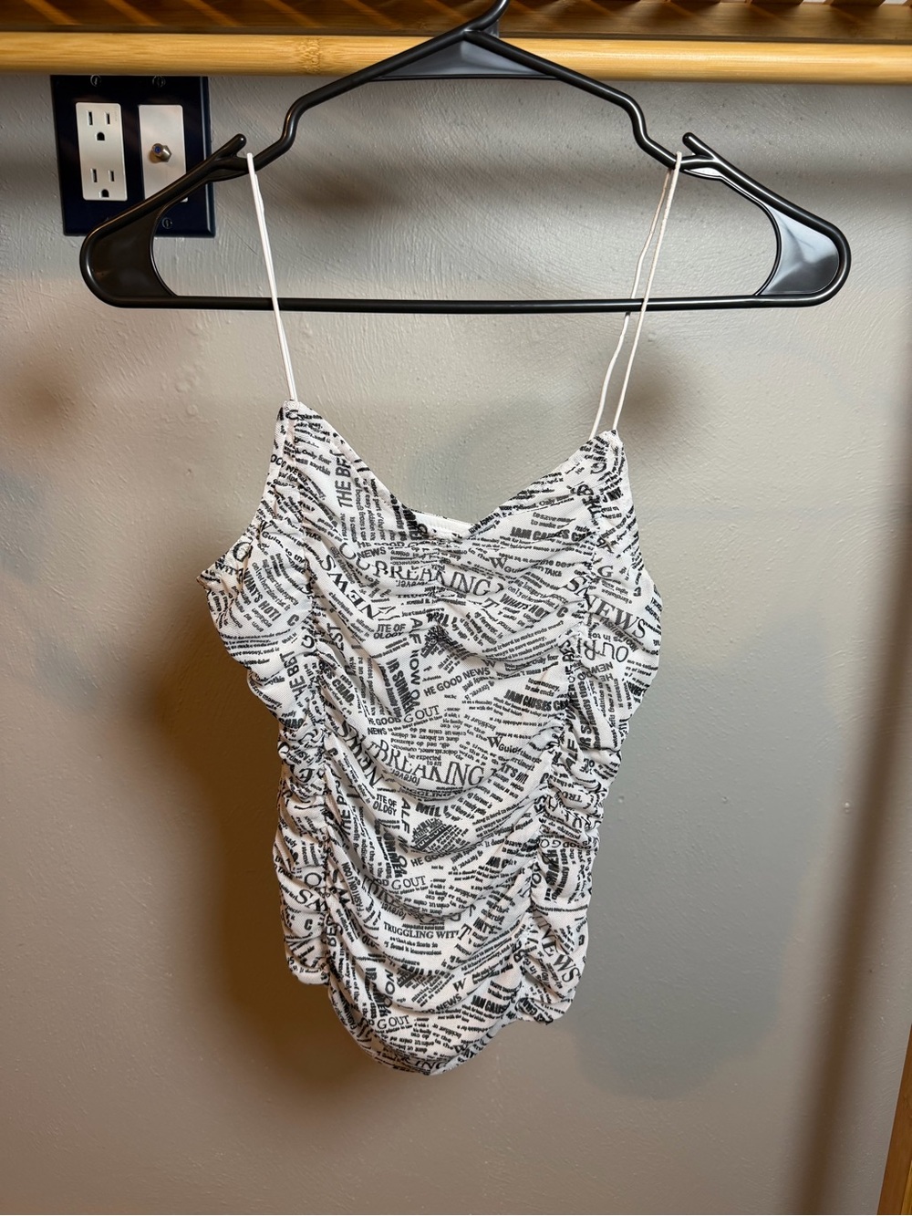 Almost Famous White & Black Newsprint Ruched Cowl Camisole